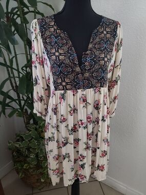 Umgee Boho Cream Floral Long Sleeve Dress Size L